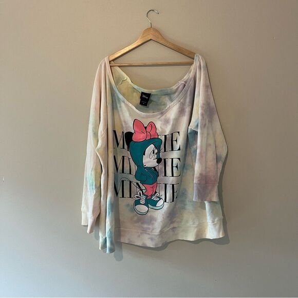 Torrid Minnie Mouse Pastel Rainbow Tie Dye Terry Off-Shoulder Sweatshirt Size 4 - Picture 8 of 10